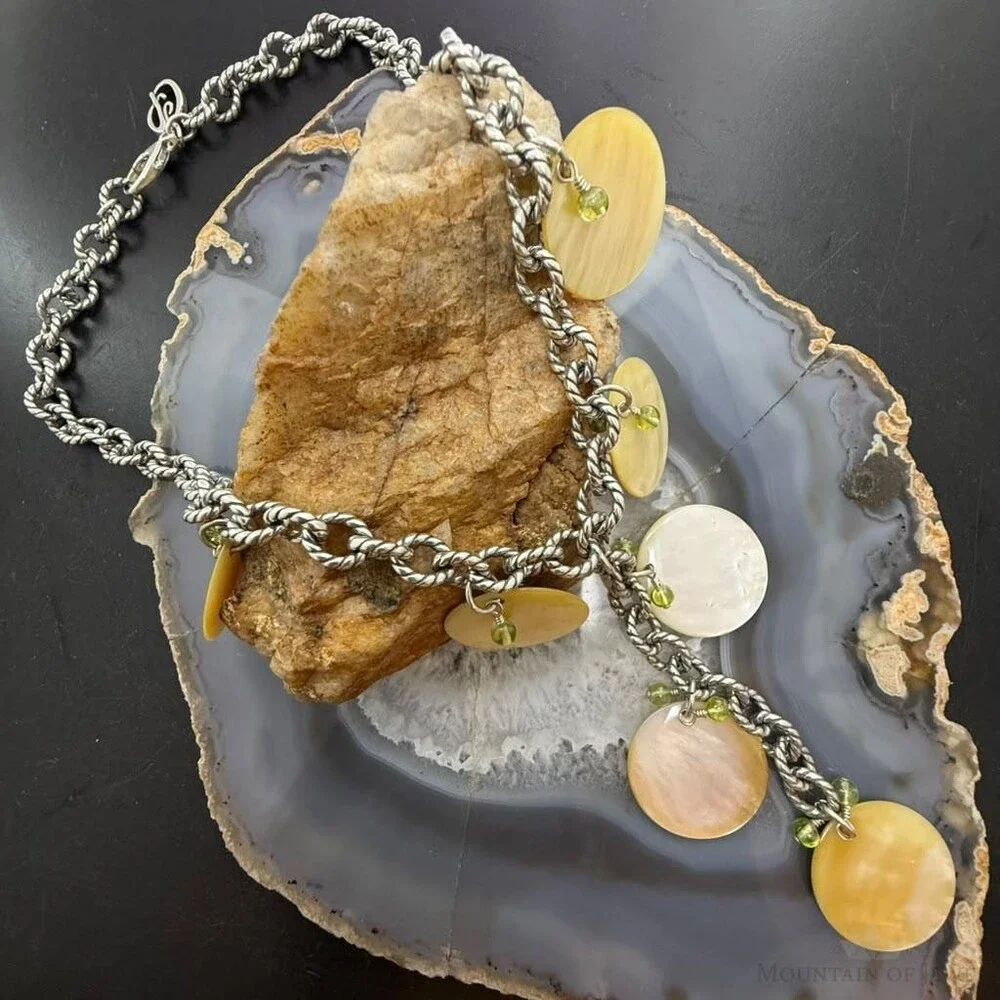 Carolyn Pollack Sterling Silver MOP Disc,Peridot Twisted Link Chain 20